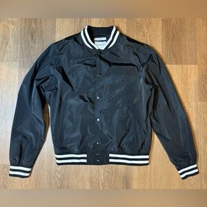 Goodfellow & Co Mens L Black Varsity Bomber Jacket White Striped Ribbing